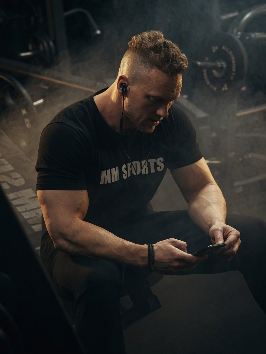 Fokuserad man som tränar i gym med hörlurar